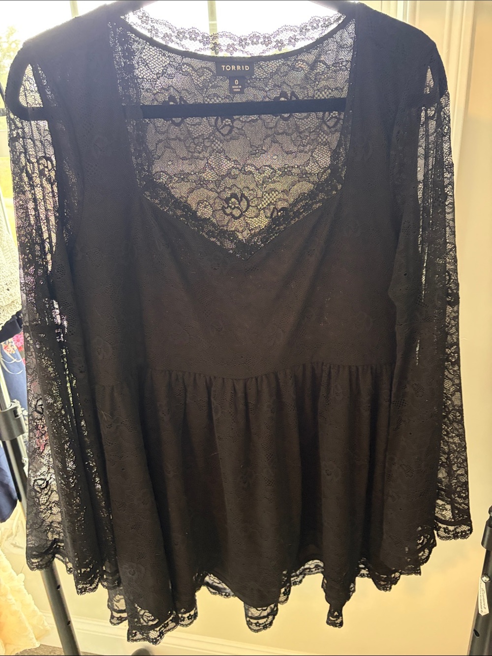 torrid Black Lace Peplum Blouse with Sheer Long Sleeves